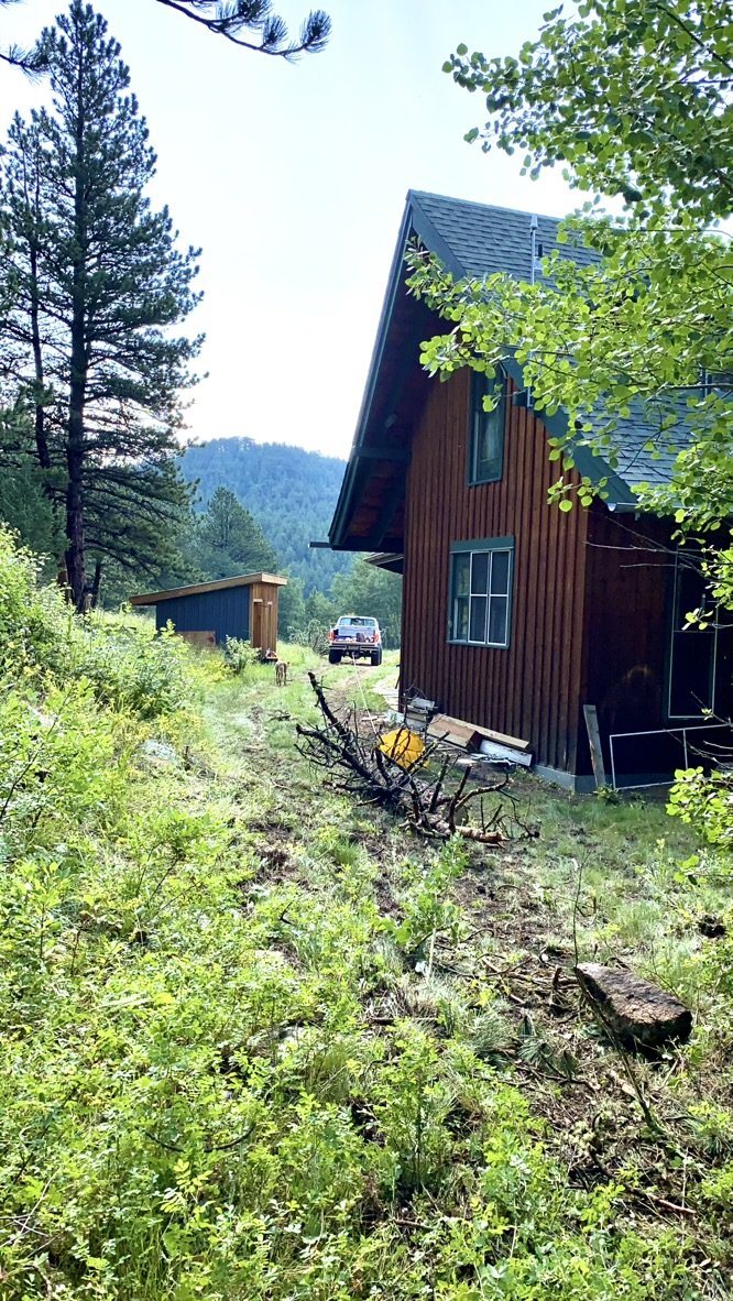 Foothills home with ladder fuels cleared back and cut material stacked for haul off